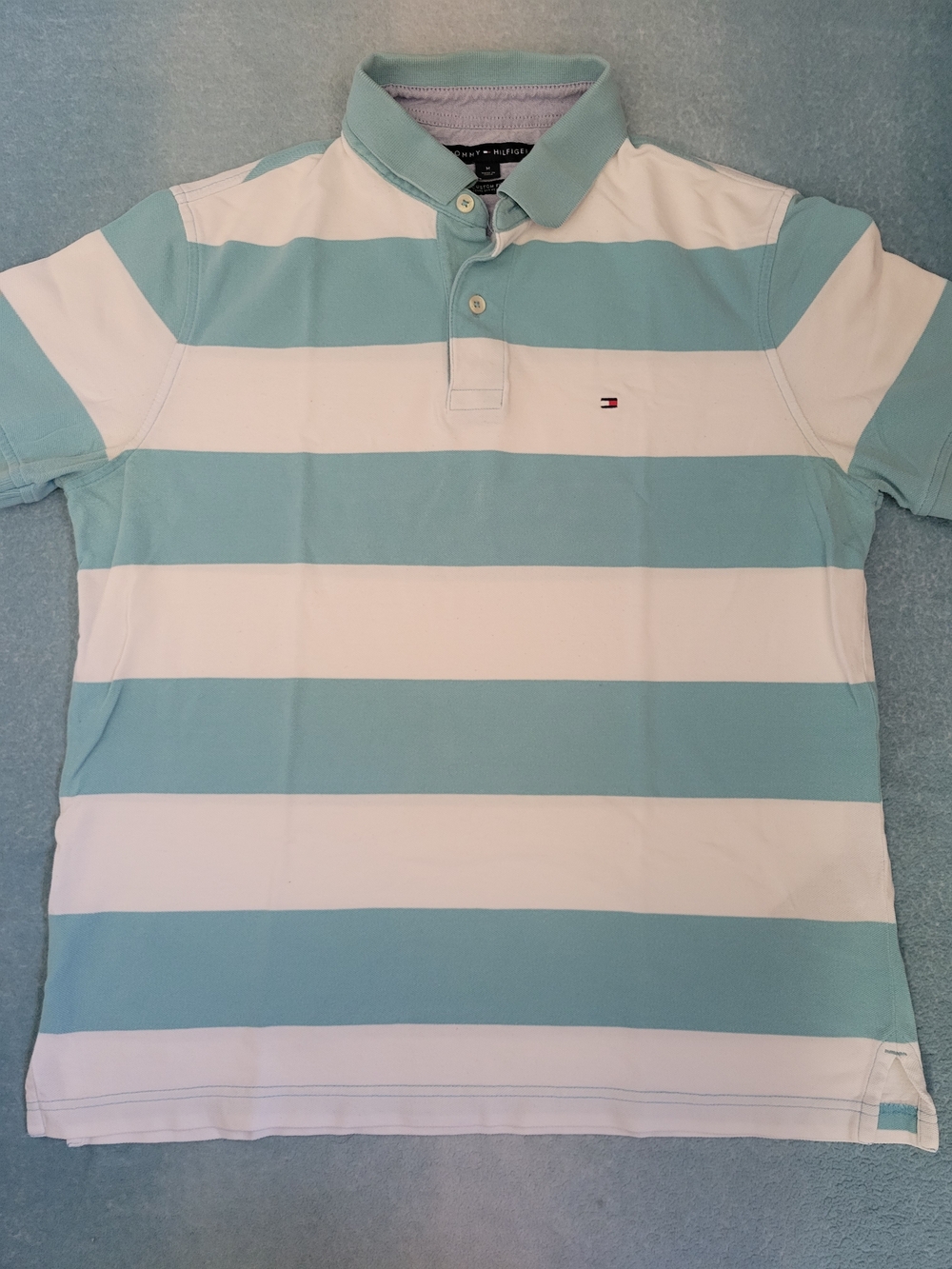 Tommy Hilfiger Men’s Light Blue and White Striped Polo